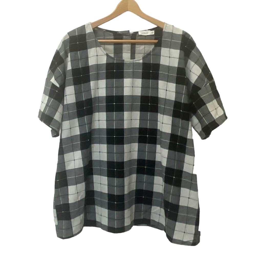 Roolee Linen Blend Blouse Women’s Size XXXL Buffalo Plaid Black White Buttons